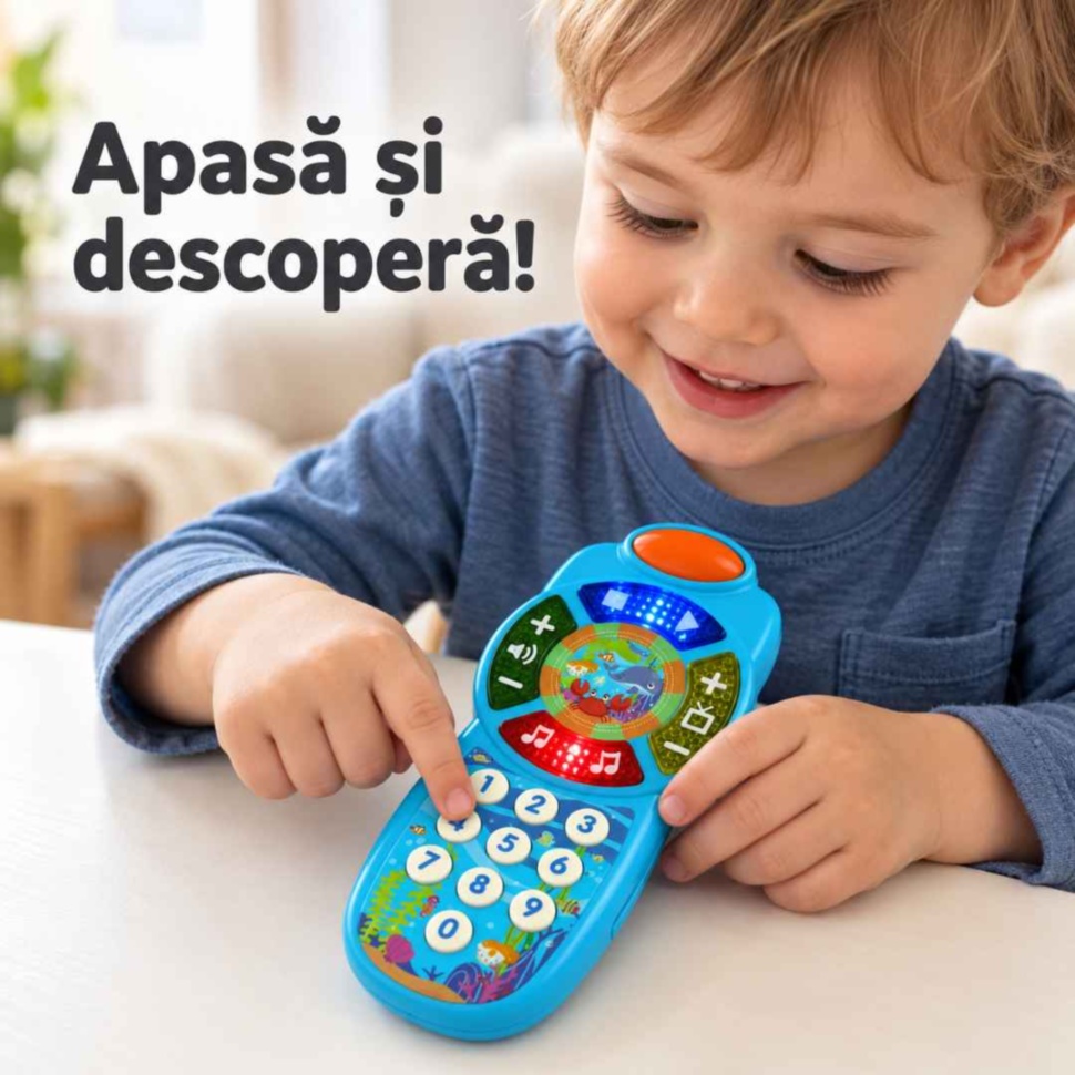 Copil apasă butoanele telefonului muzical albastru, cu lumini și cifre