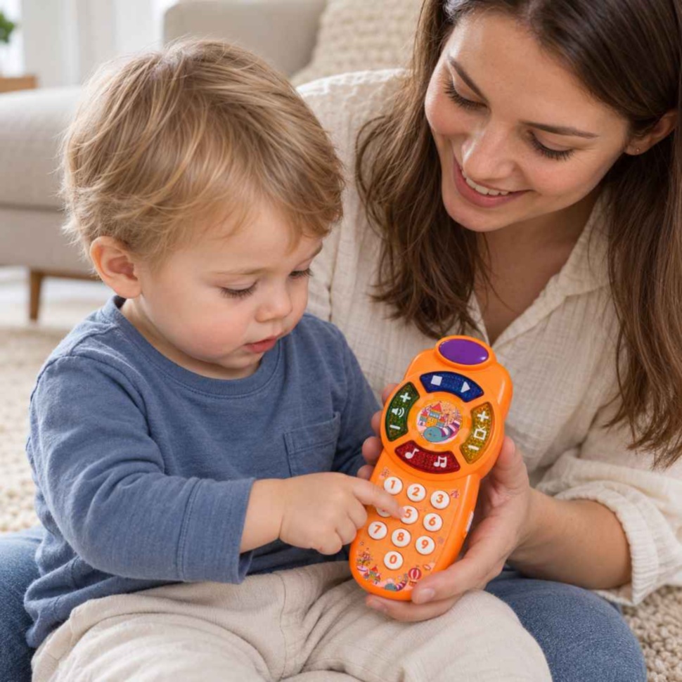 Mamă și copil explorează împreună telefonul muzical portocaliu și butoanele cu cifre