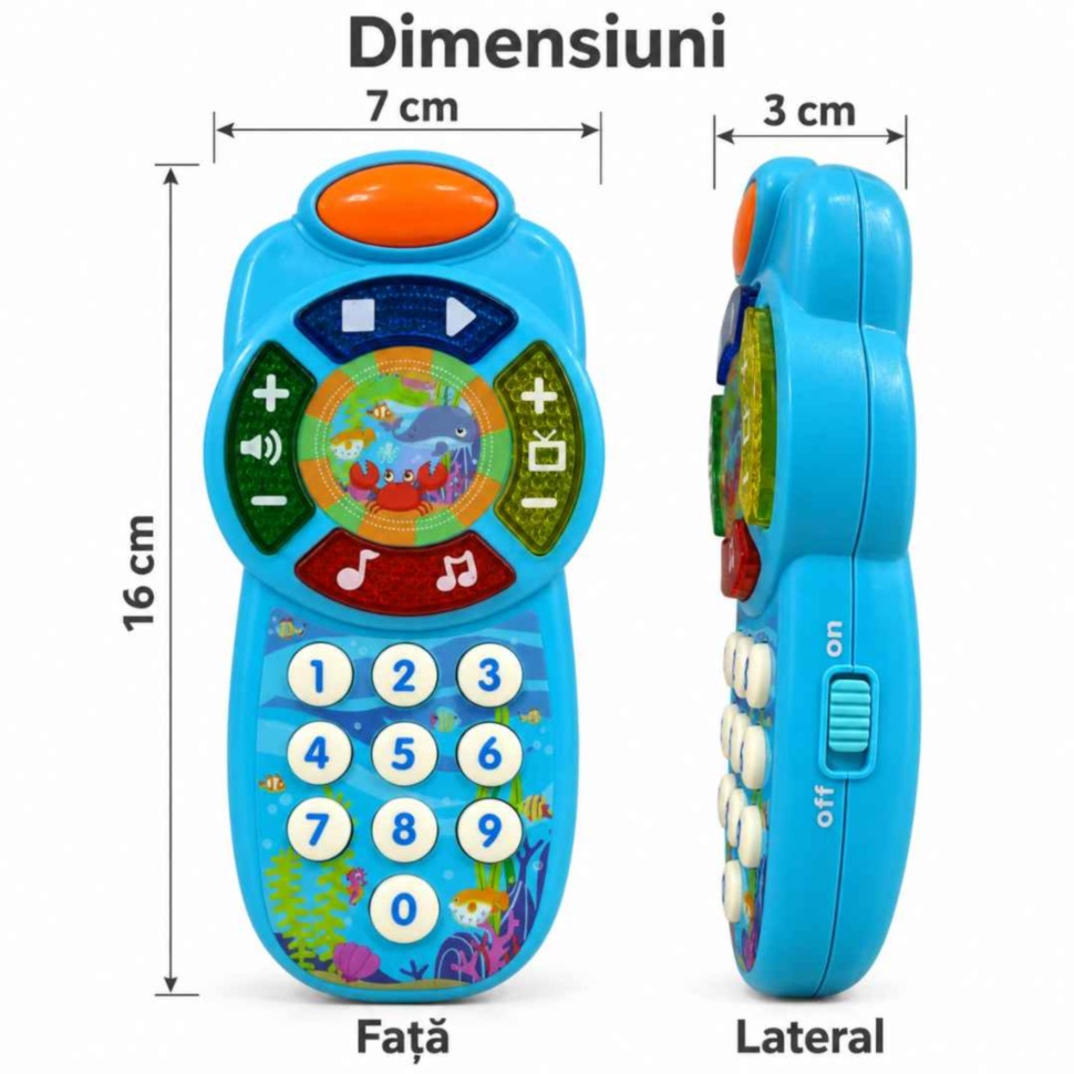 Dimensiunile telefonului muzical: 16 cm lungime, 7 cm lățime și 3 cm grosime