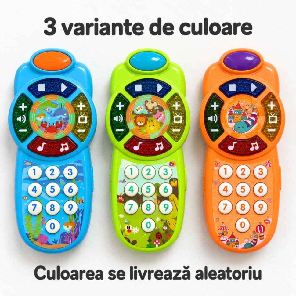 Cele trei variante de telefon muzical: albastru, verde și portocaliu; culoarea se livrează aleatoriu
