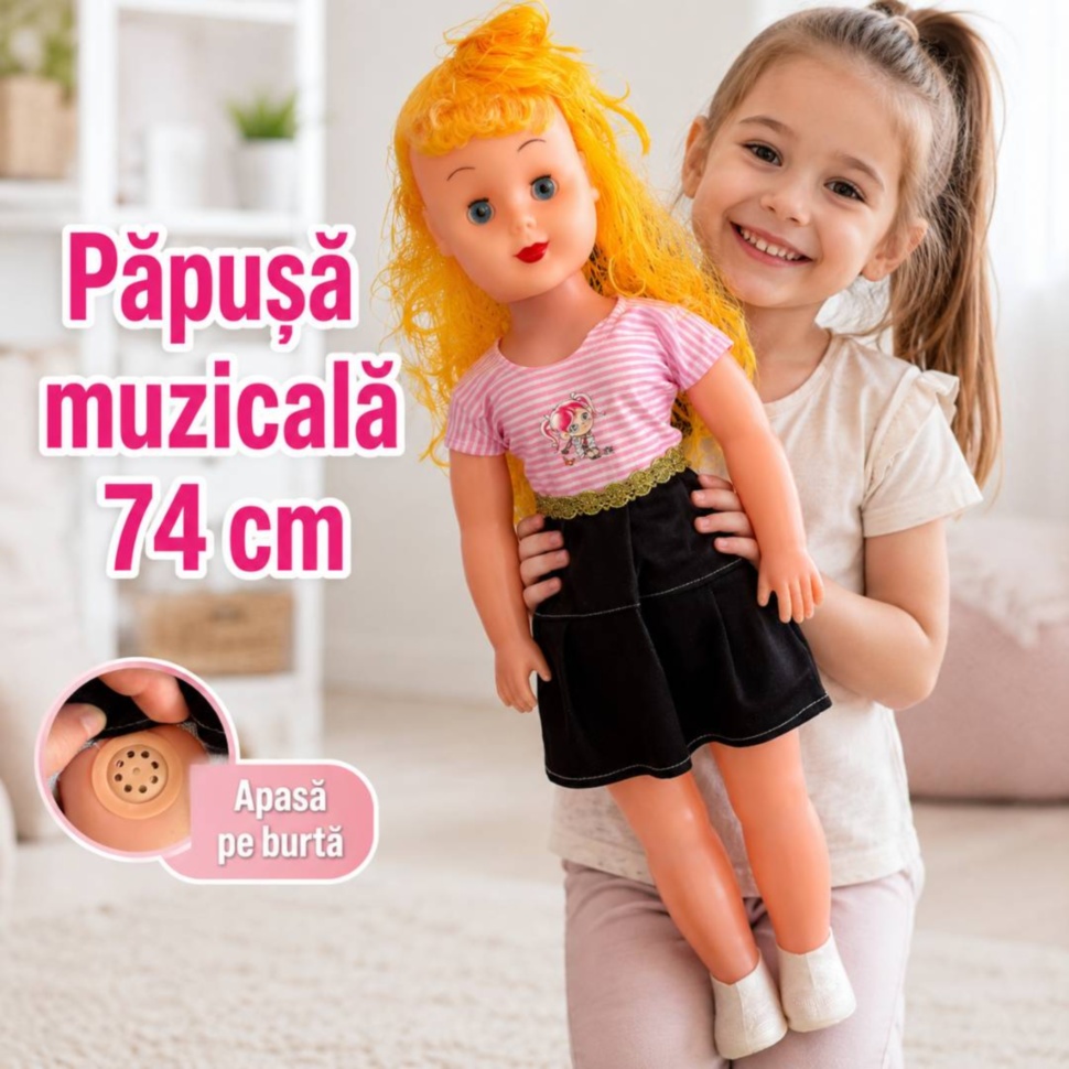 Păpușă muzicală pentru copii 74 cm cu păr blond și muzică