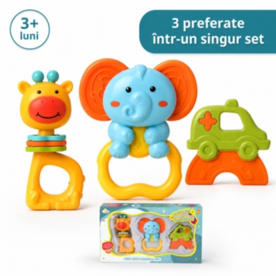 Set 3 zornăitori pentru bebeluși cu girafă, elefant și mașinuță | image