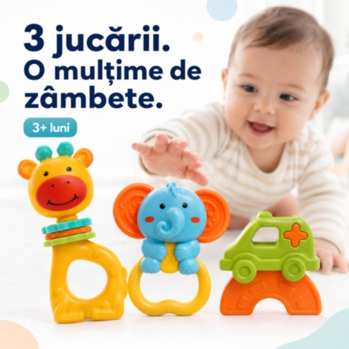 Set 3 zornăitori pentru bebeluși cu girafă, elefant și mașinuță