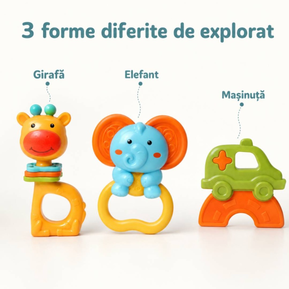 3 forme diferite de explorat: girafă, elefant și mașinuță