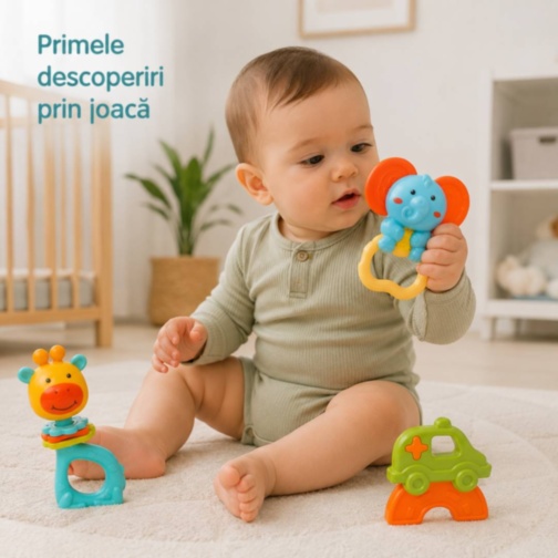 Set 3 zornăitori pentru bebeluși cu girafă, elefant și mașinuță