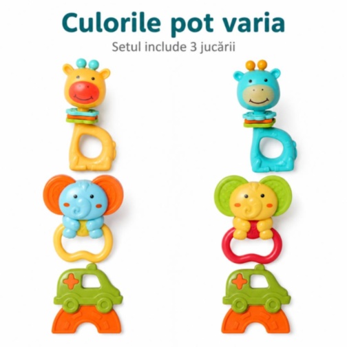 Set 3 zornăitori pentru bebeluși cu girafă, elefant și mașinuță