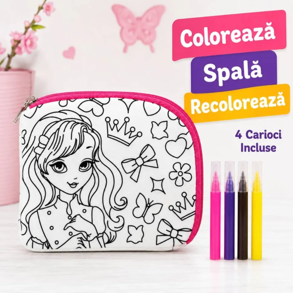 Colorează, spală și recolorează gentuța cu 4 carioci incluse