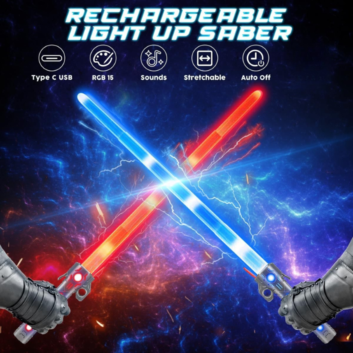 Sabie Telescopică cu Lumini Colorate și Sunete – Baterie Reîncărcabilă USB