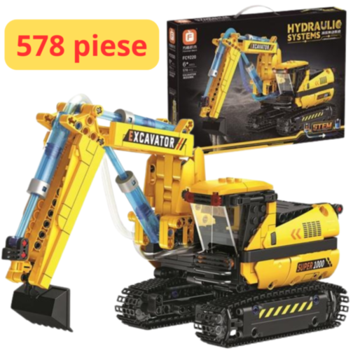 Excavator Hidraulic de Asamblat – 578 Piese, Macara STEM cu Mișcări Reale