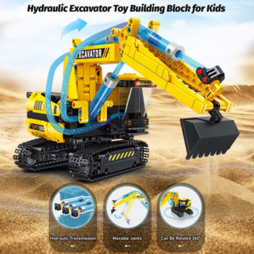 Excavator Hidraulic de Asamblat – 578 Piese, Macara STEM cu Mișcări Reale