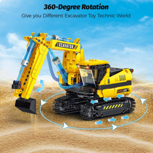 Excavator Hidraulic de Asamblat – 578 Piese, Macara STEM cu Mișcări Reale