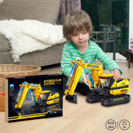 Excavator Hidraulic de Asamblat – 578 Piese, Macara STEM cu Mișcări Reale