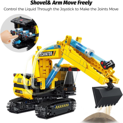 Excavator Hidraulic de Asamblat – 578 Piese, Macara STEM cu Mișcări Reale