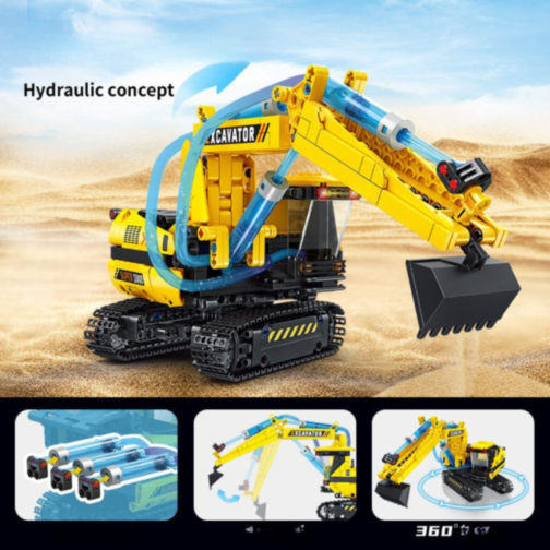 Excavator Hidraulic de Asamblat – 578 Piese, Macara STEM cu Mișcări Reale