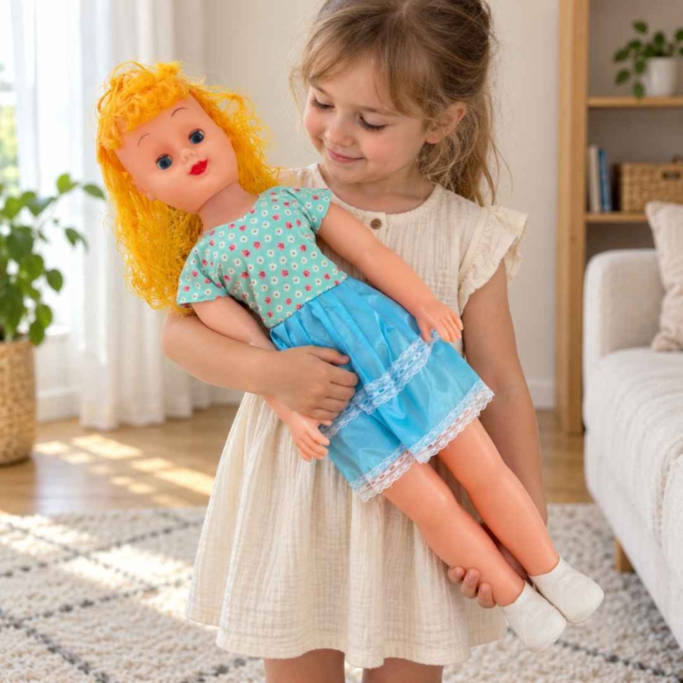 Fetiță ține în brațe păpușa mare de 74 cm, cu păr blond, rochiță turcoaz și pantofi albi