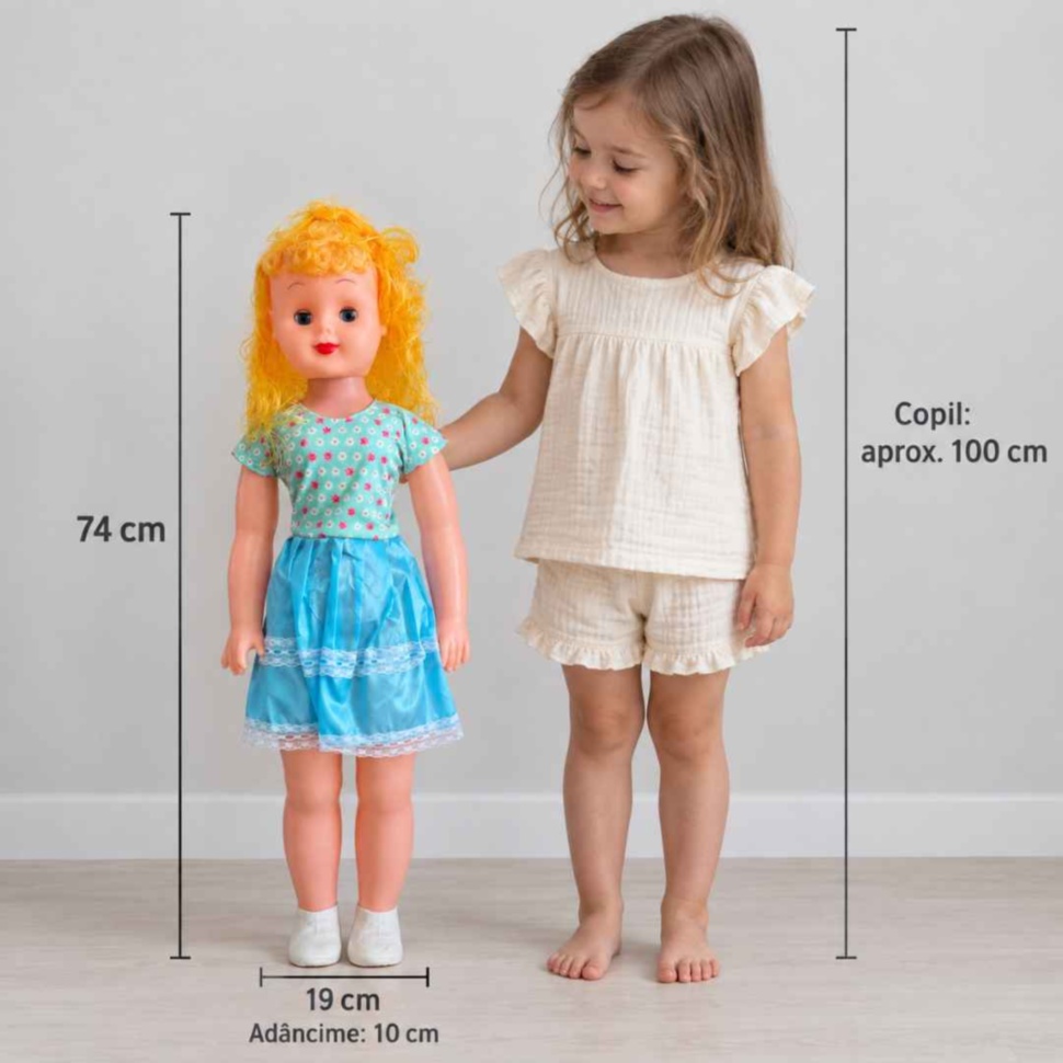 Dimensiunile păpușii: 74 cm înălțime, 19 cm lățime și 10 cm adâncime, ilustrate lângă un copil