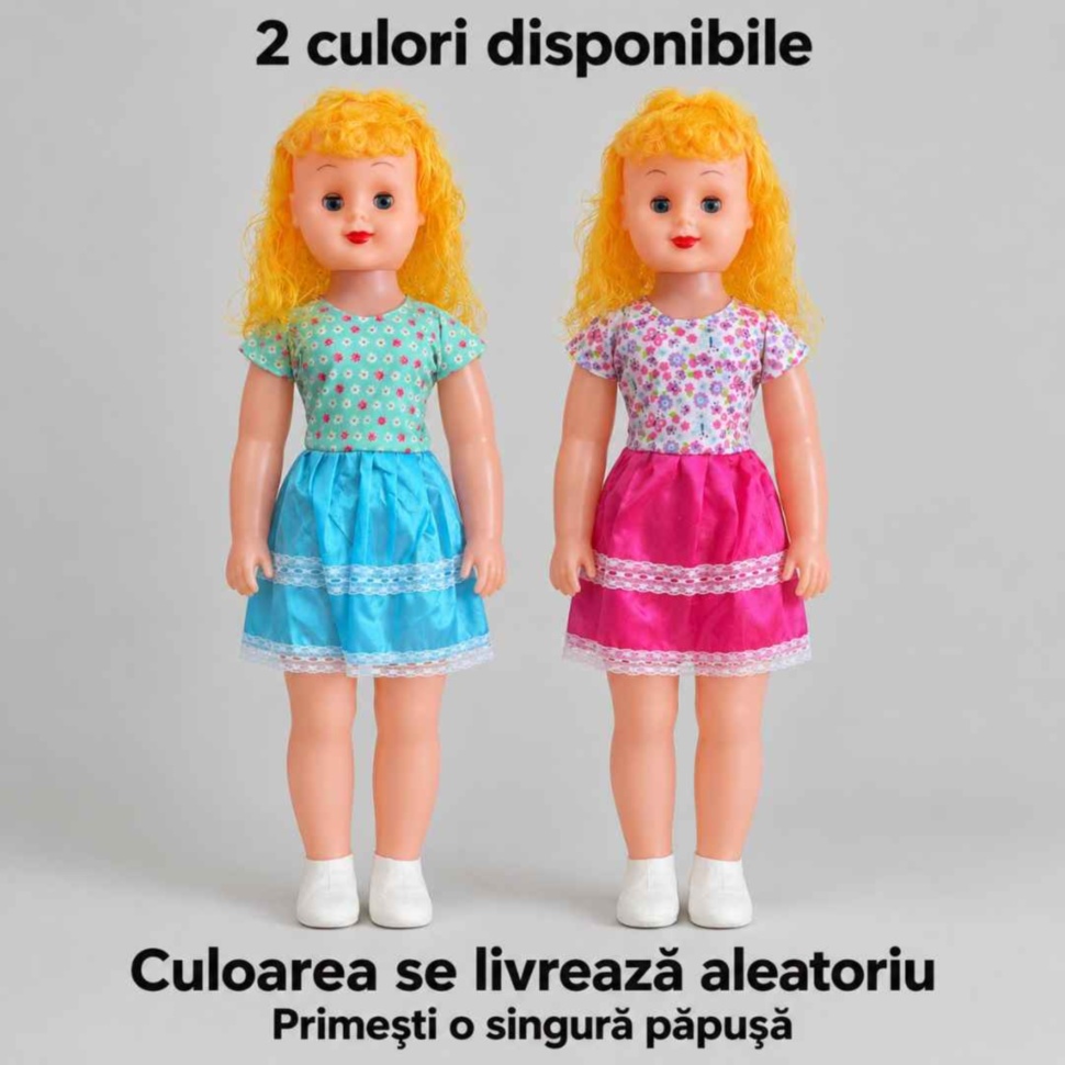 Păpușa de 74 cm în variantele turcoaz și roz; se livrează o singură păpușă, în culoare aleatorie