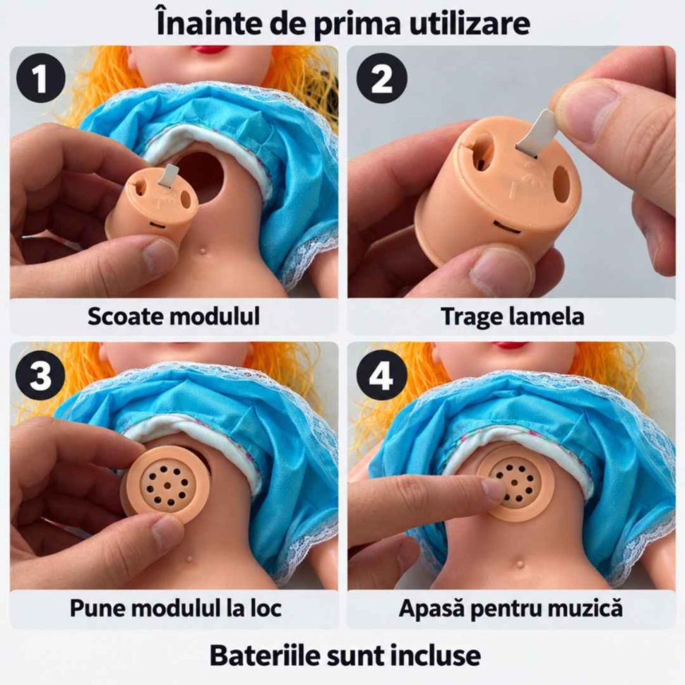 Activarea muzicii la prima utilizare: scoaterea modulului, îndepărtarea lamelei, montarea la loc și apăsarea modulului