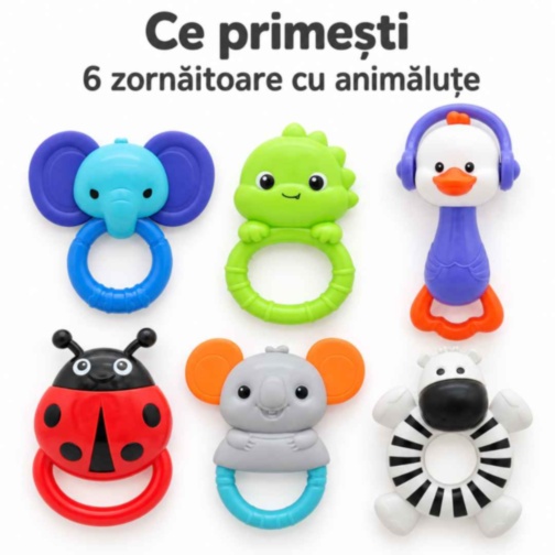 Set de 6 zornăitoare colorate cu animăluțe pentru bebeluși