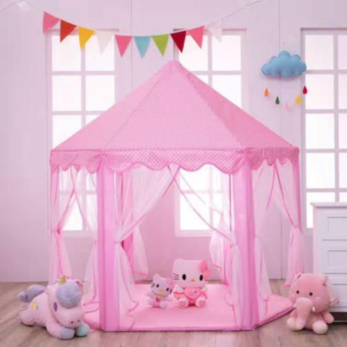 Căsuță de Joacă Tip Cort Roz pentru Copii, Design de Castel cu Plasă și Decor de Prințesă