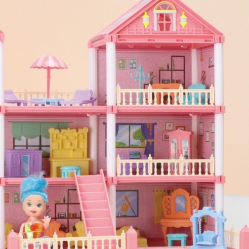 Casă de păpuși vilă roz 4 etaje, 245 piese