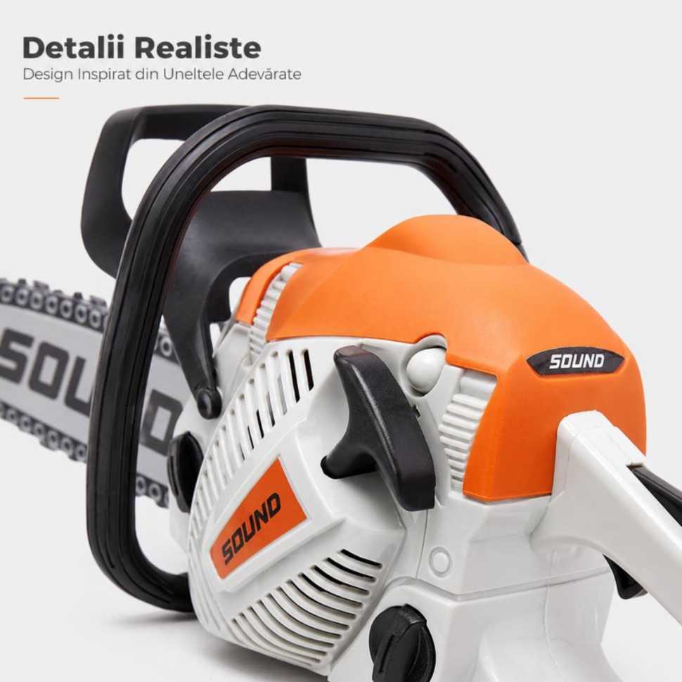 Detalii realiste drujbă de jucărie cu mâner, butoane și design de unealtă