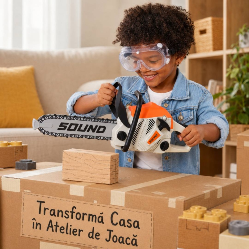 Copil transformă casa într-un atelier de joacă cu drujba de jucărie