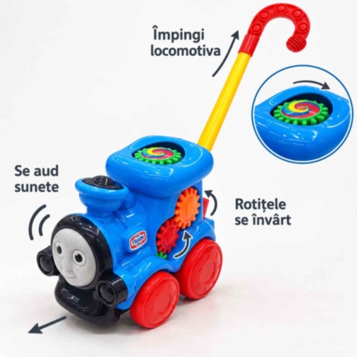 Locomotivă de împins cu mâner, rotițe și sunete