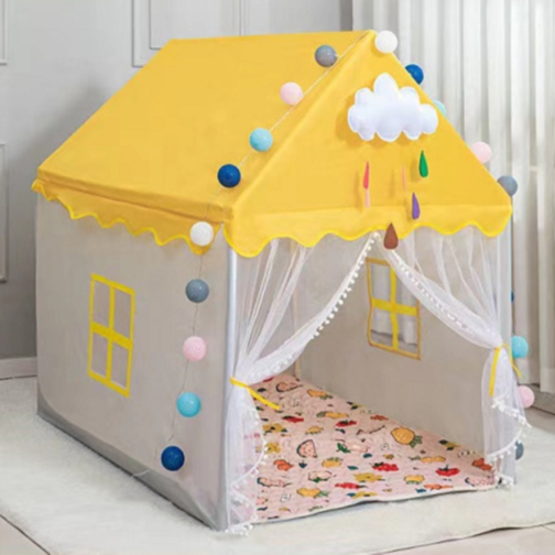 Căsuță de Joacă pentru Copii, Tip Căsuță Galbenă cu Ferestre și Draperii, Design de Poveste