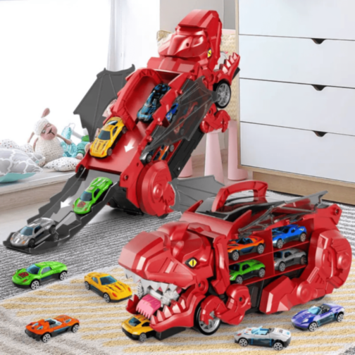 T-Rex Transportator cu 4 Mașinuțe Metalice – Dinozaur Transformabil (culoare aleatorie)  