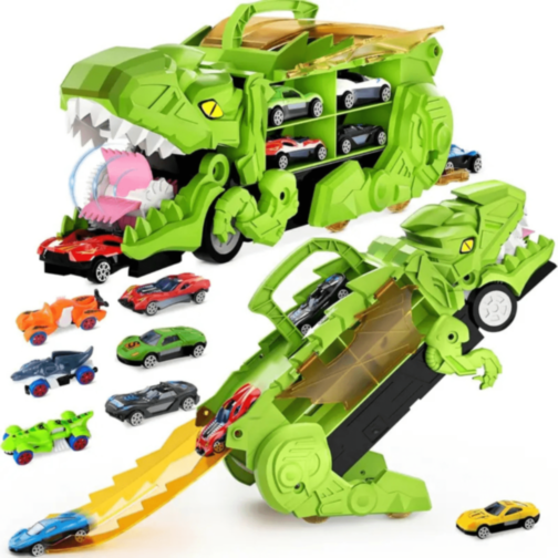 T-Rex Transportator cu 4 Mașinuțe Metalice – Dinozaur Transformabil (culoare aleatorie)  