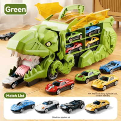 T-Rex Transportator cu 4 Mașinuțe Metalice – Dinozaur Transformabil (culoare aleatorie)   | image
