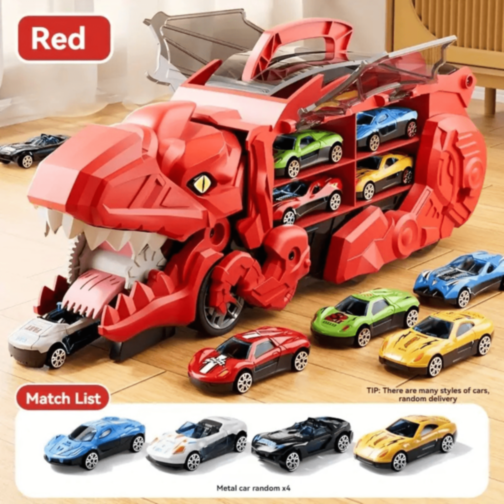 T-Rex Transportator cu 4 Mașinuțe Metalice – Dinozaur Transformabil (culoare aleatorie)  