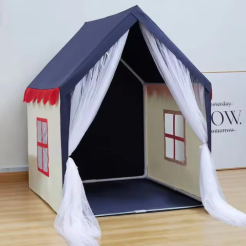 Căsuță de Joacă Tip Cort pentru Copii, cu Acoperiș Albastru și Draperii din Tulle