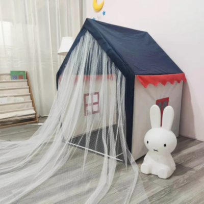 Căsuță de Joacă Tip Cort pentru Copii, cu Acoperiș Albastru și Draperii din Tulle | image