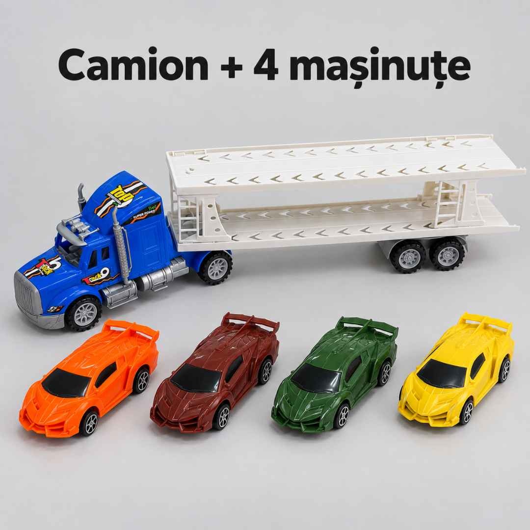 Conținutul setului: un camion transportor și 4 mașinuțe sport, așezate separat