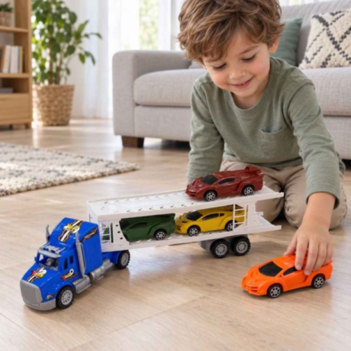 Camion transportor cu inerție și 4 mașinuțe sport incluse