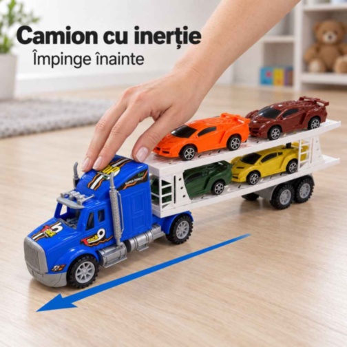 Camion transportor cu inerție și 4 mașinuțe sport incluse