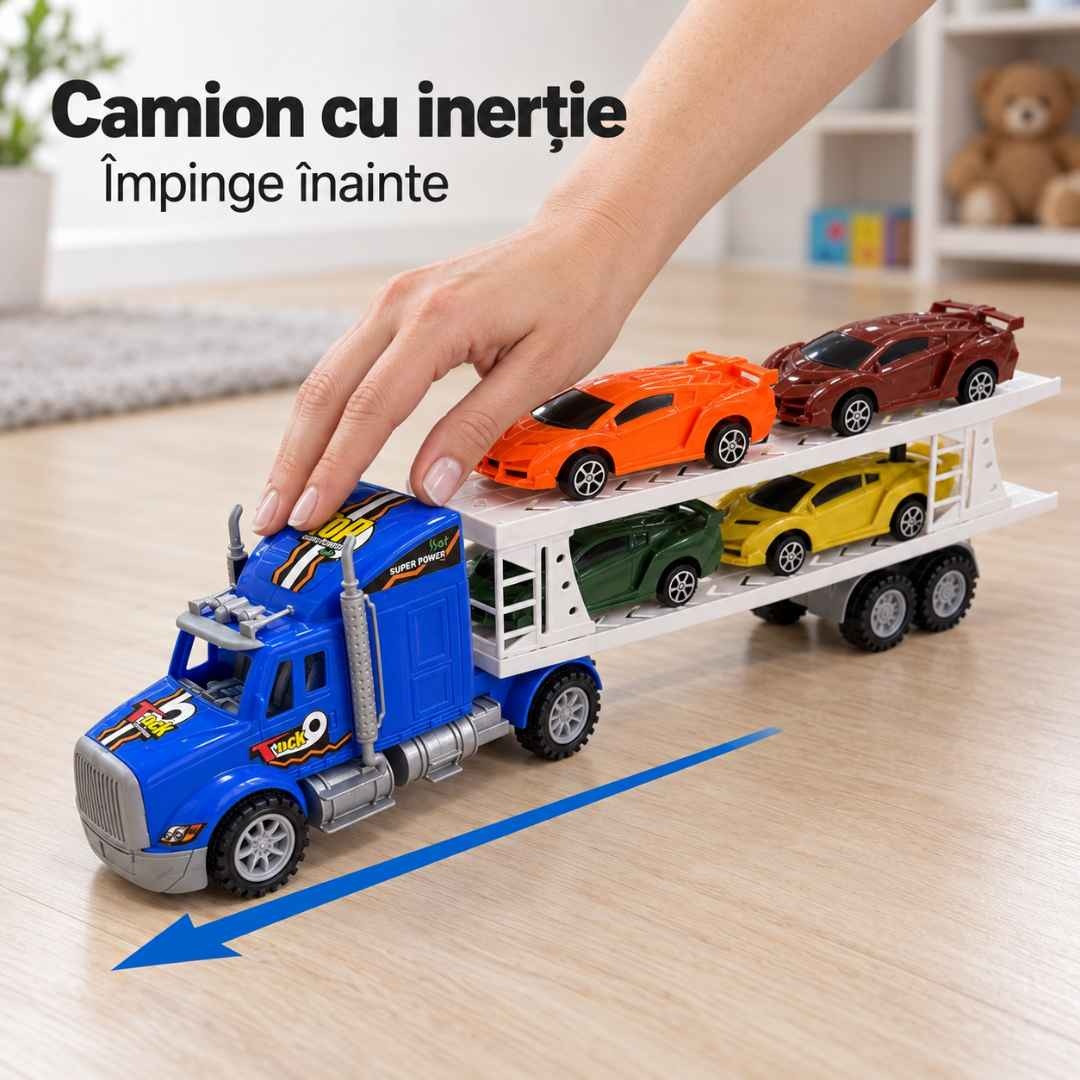 Camion transportor cu inerție, împins înainte cu cele 4 mașinuțe așezate pe două niveluri