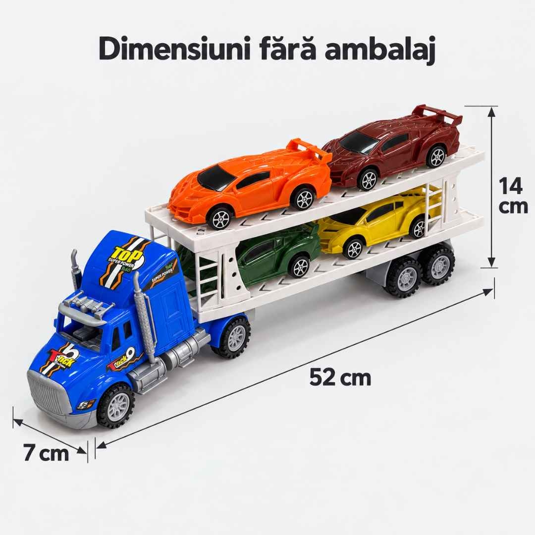 Dimensiunile camionului fără ambalaj: 52 cm lungime, 14 cm înălțime și 7 cm lățime