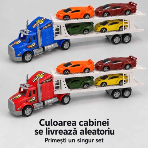 Camion transportor cu inerție și 4 mașinuțe sport incluse