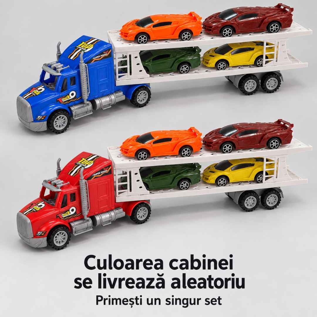 Camion transportor cu cabină albastră sau roșie; culoarea cabinei se livrează aleatoriu și primești un singur set