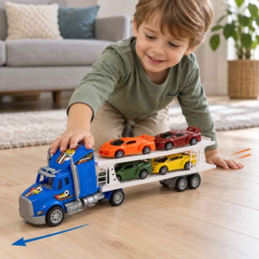 Camion transportor cu inerție și 4 mașinuțe sport incluse
