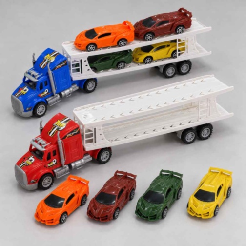 Camion transportor cu inerție și 4 mașinuțe sport incluse