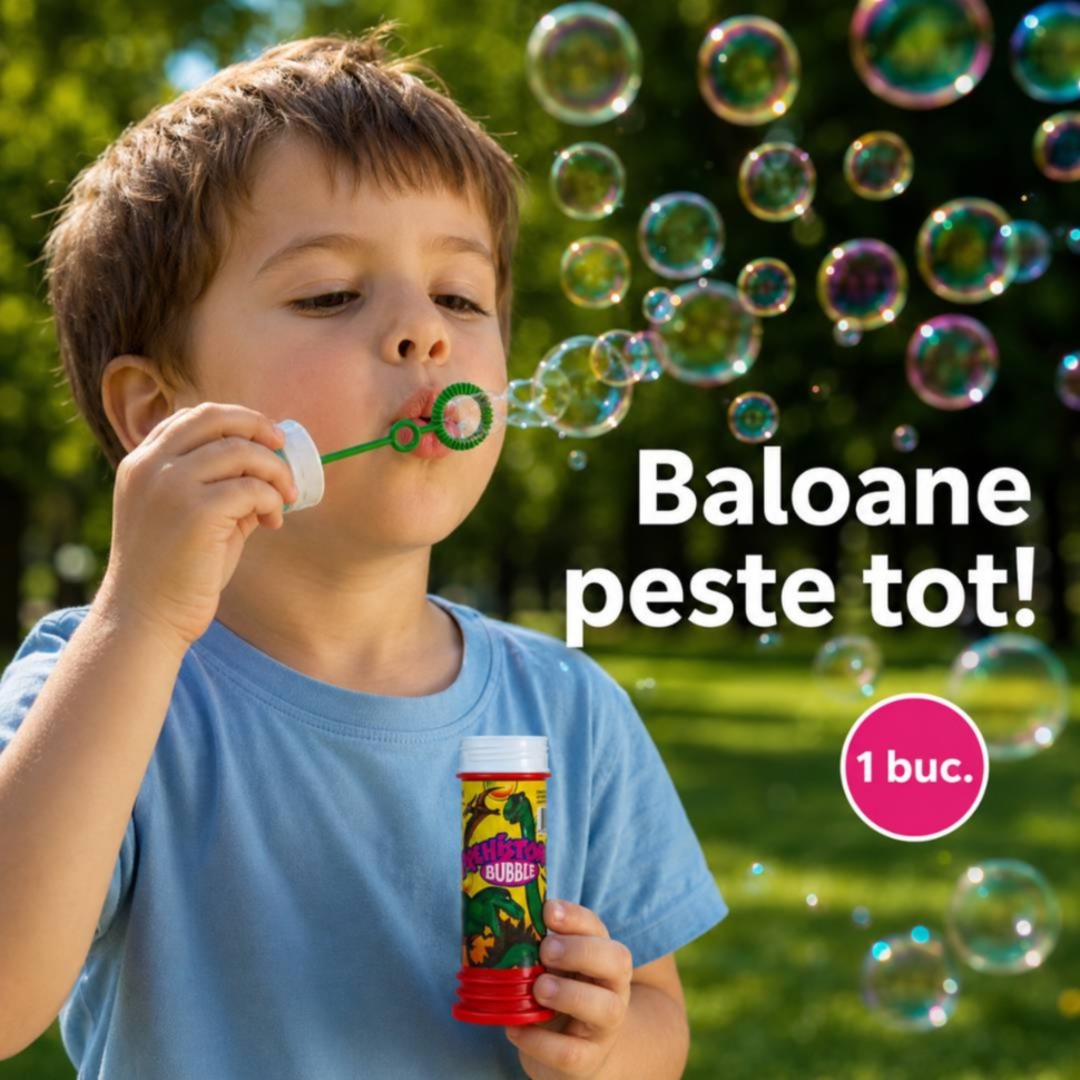 Copil suflă baloane de săpun cu tub Prehistoric Bubble cu dinozauri