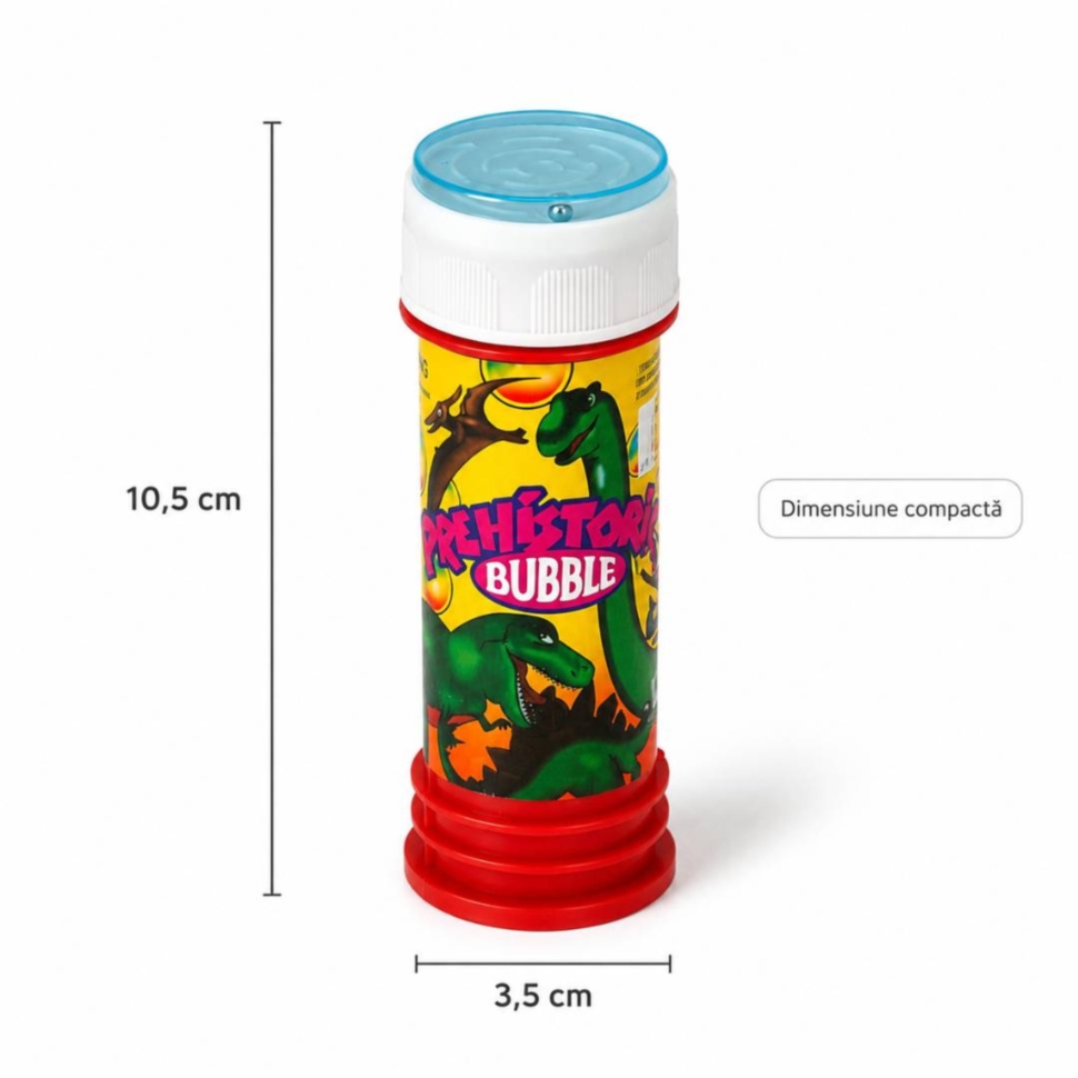Dimensiune compactă tub baloane de săpun 10,5 cm înălțime și 3,5 cm lățime