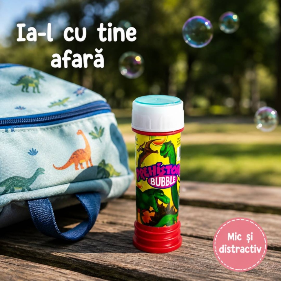 Tub compact de baloane de săpun luat afară lângă rucsac