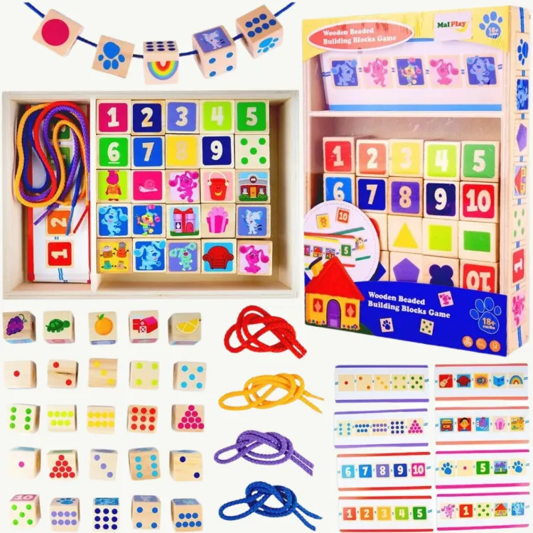 Set de cuburi din lemn cu șireturi educative Montessori