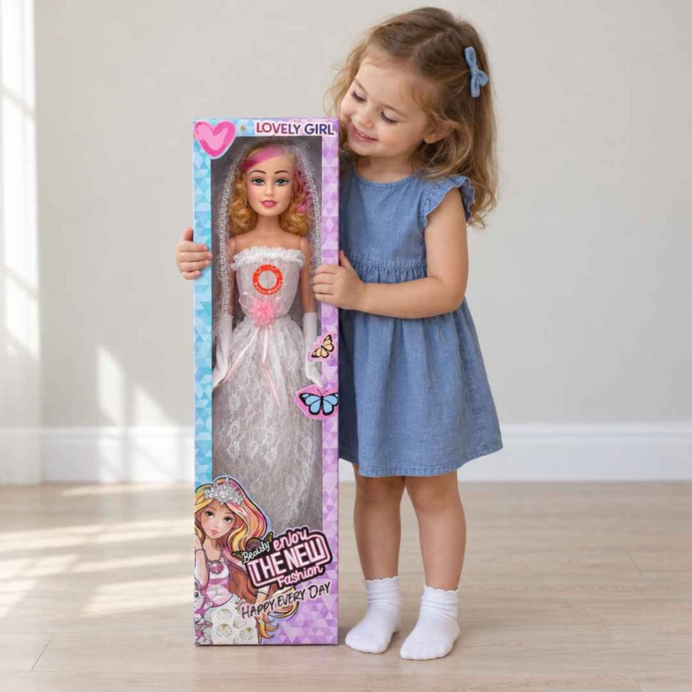 Fetiță ține cutia originală cu păpușa mireasă Lovely Girl de 76 cm, cu rochie albă și voal