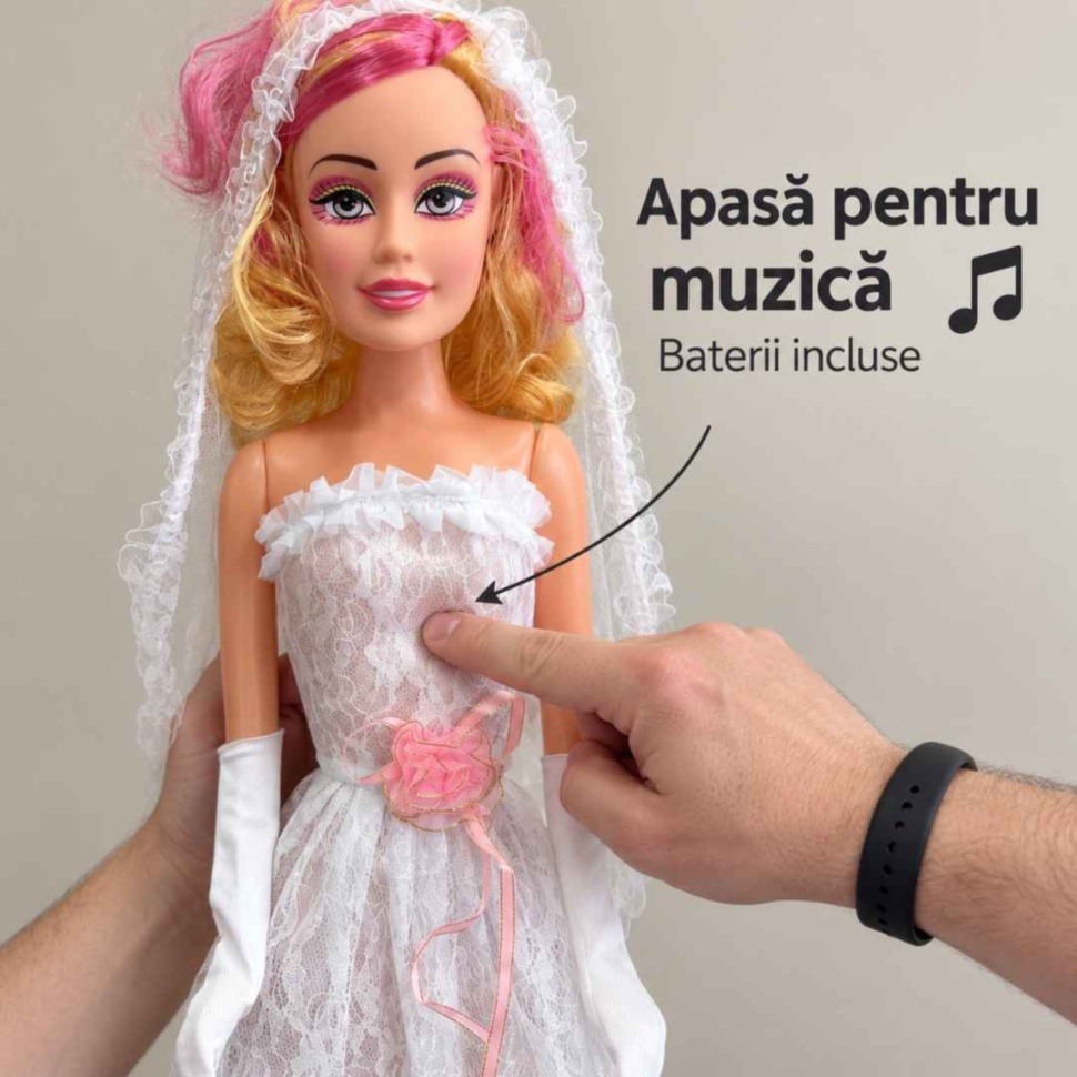 Pornirea muzicii prin apăsare pe pieptul păpușii mireasă Lovely Girl, cu baterii incluse